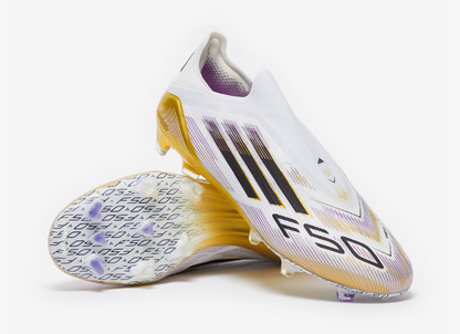 White and gold soccer cleats with 'F50' branding on a white background