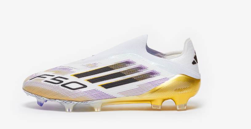 White soccer cleat with gold and black accents on a white background