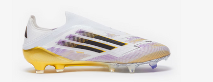 White soccer cleat with yellow sole on a white background